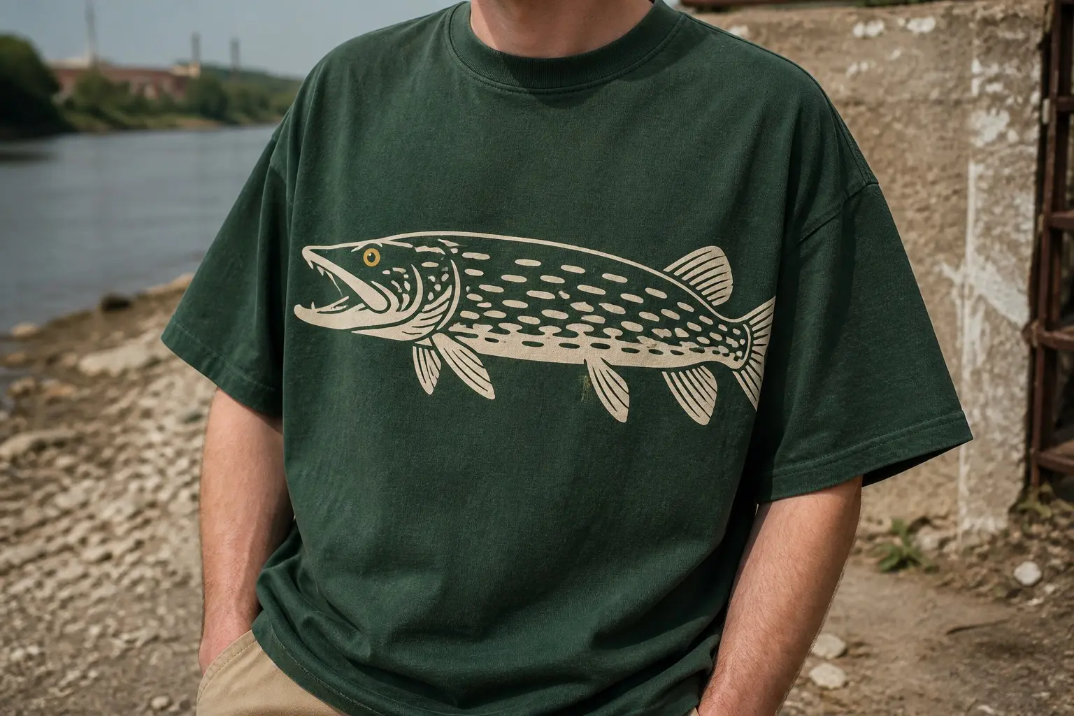 A bottle-green tee printed with one enormous pike shown side-on in cream, gold and black, spanning the chest from armpit to armpit with its jaw slightly open, a dozen confident marks standing in for its mottled flank, and a single gold eye — no text anywhere.