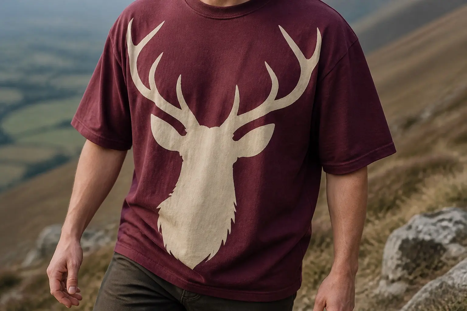 A deep oxblood tee printed with a red deer stag's head front-on in cream, the antlers spreading the full width of the chest towards both shoulders in heavy flat shapes, one colour, no shading.